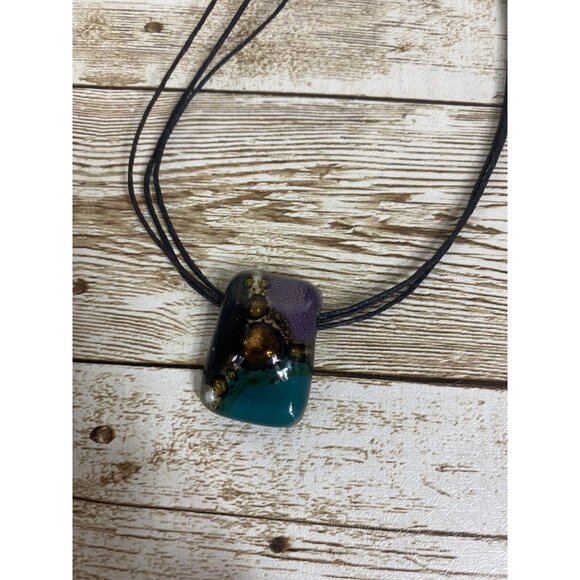 Art Glass Pendant Corded Necklace Boho Chic Choker Vtg Handmade Colors Beachy - Picture 7 of 8